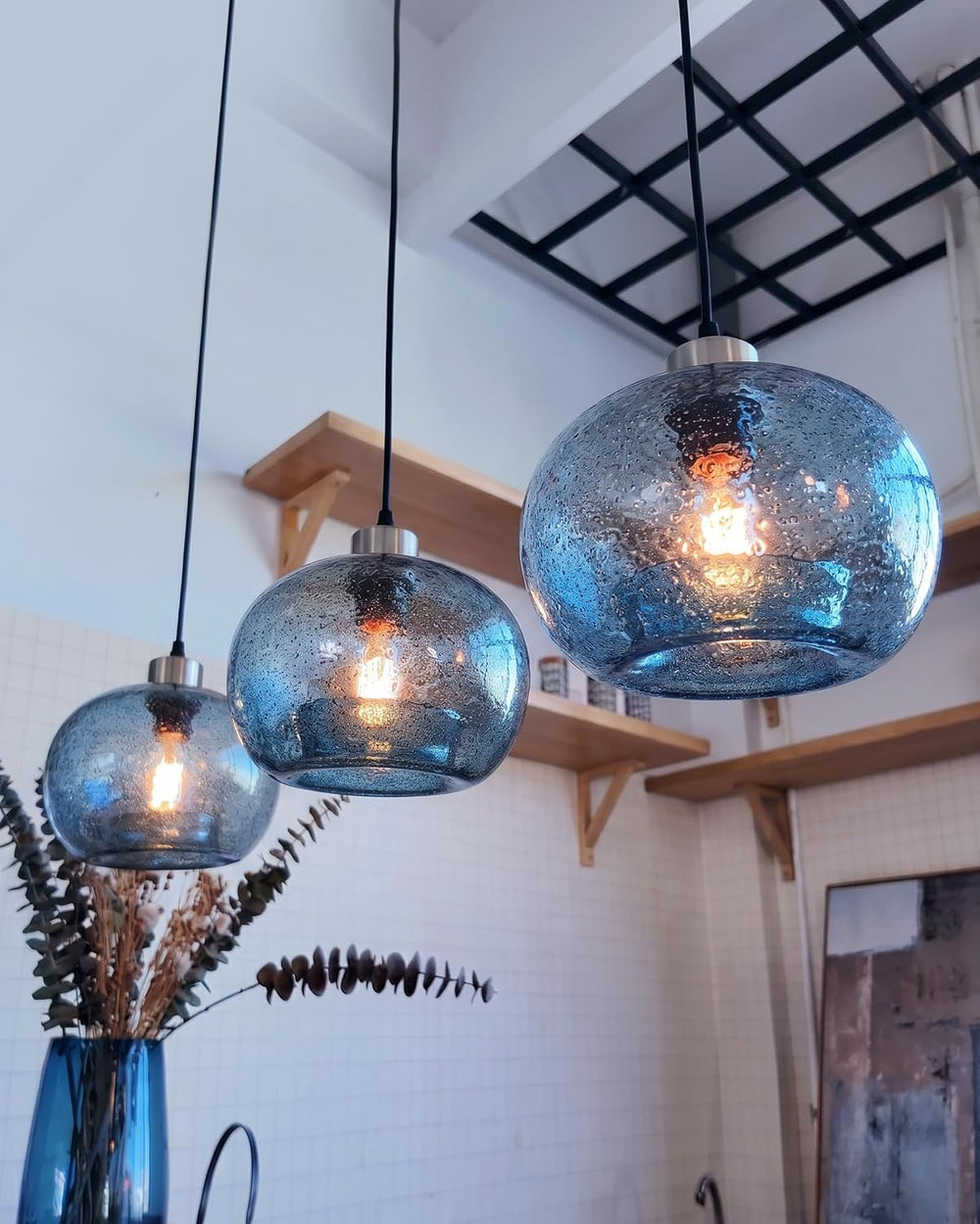 CASAMOTION Glass Pendant Lights Kitchen Island, Marble Blue 8.7 Inch 2 Pack