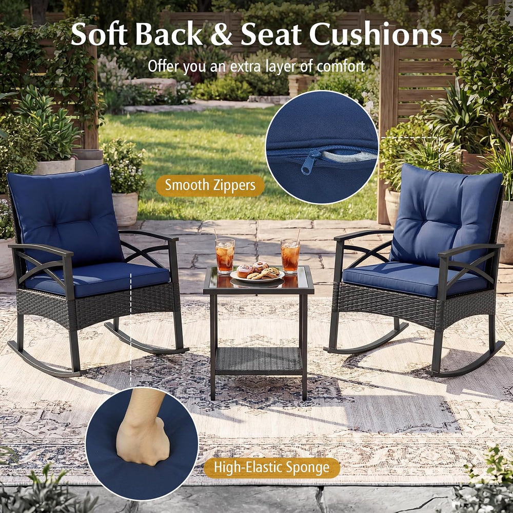 HAPPYGRILL 3 Piece Rocking Bistro Set PE Rattan Rocker Chairs with Table and ...