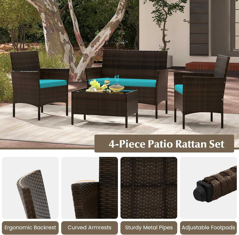 DORTALA 4 Piece Wicker Patio Furniture Set, PE Rattan Outdoor Conversation Se...