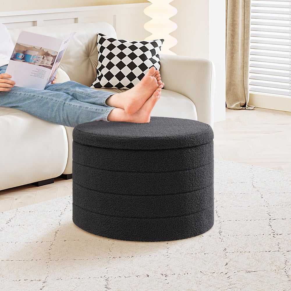 PINPLUS Round Storage Ottoman, Foldable Sherpa Ottoman Footstool Storage with...