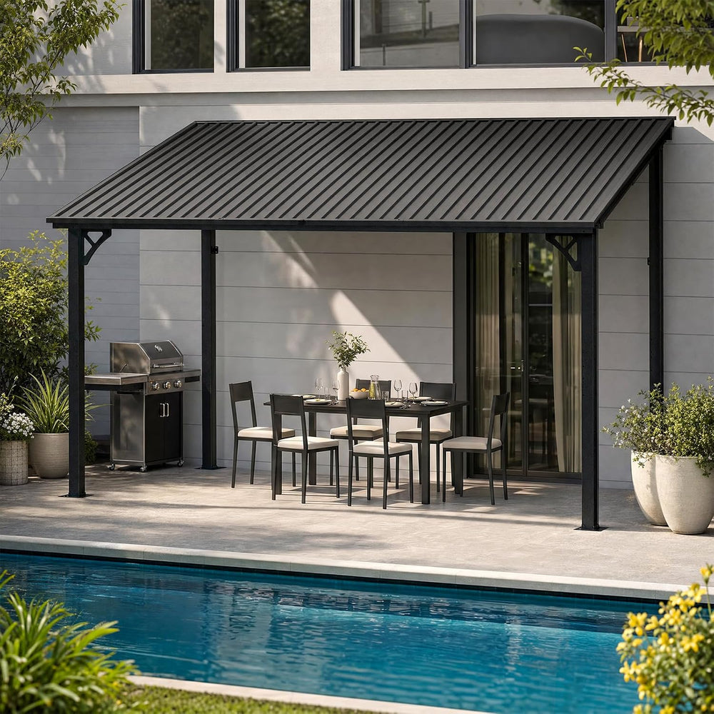12x10 FT Lean to Gazebo, Sloping Galvanized Steel Roof Hardtop Gazebo, Outdoo...