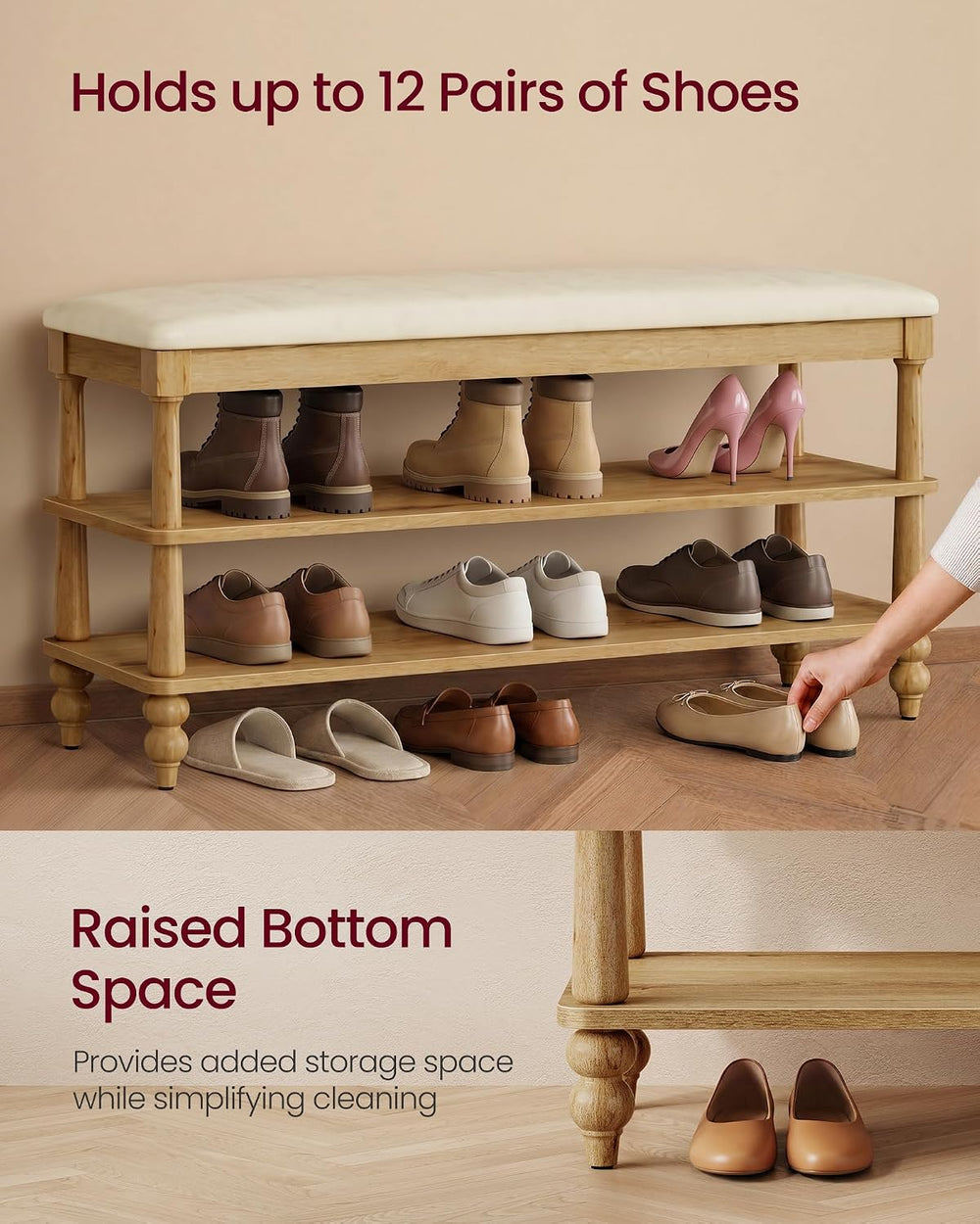 VASAGLE 2-Tier Shoe Bench, Wooden Entryway Bench, 39.4 Inches Width