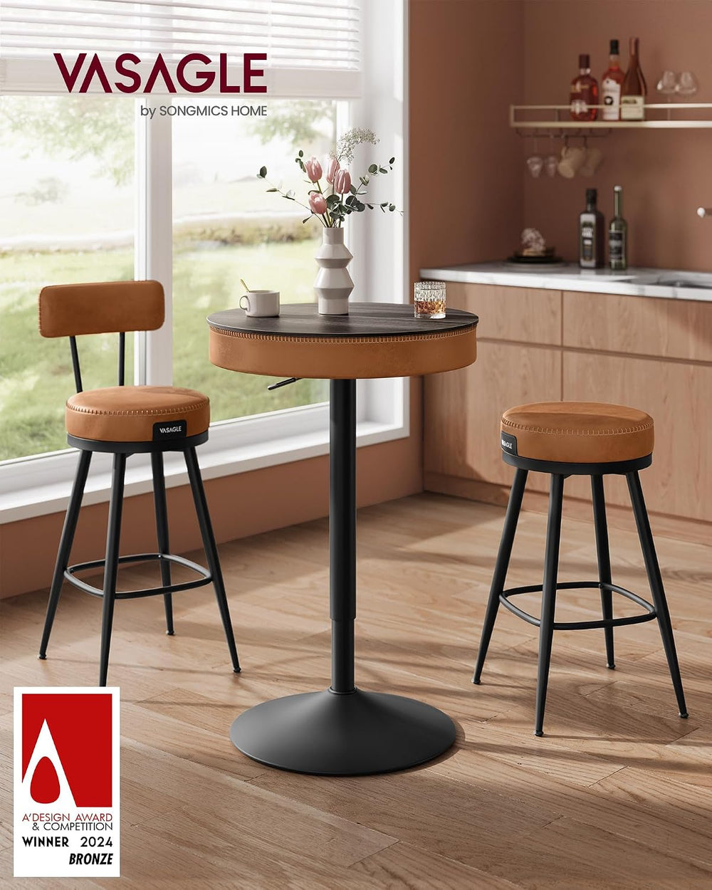 VASAGLE Height Adjustable Bar Table, Round High Pub Table with Storage