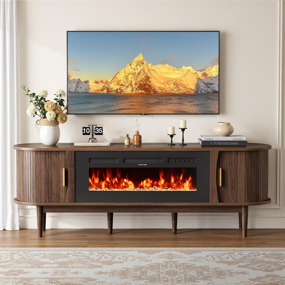 Decofy 70″ Fluted Fireplace TV Stand for 80″ TVs, Entertainment Center with F...
