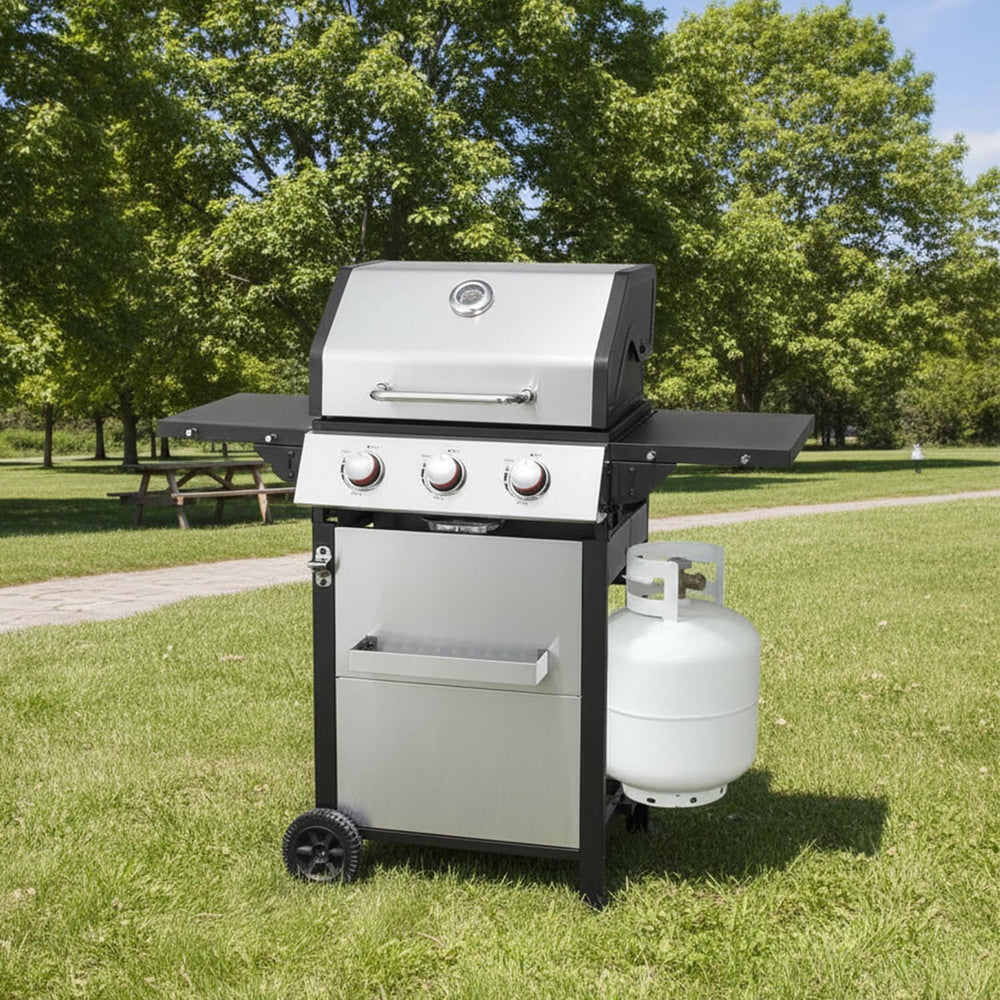 3 Burner Propane Gas Grill, Stainless Steel Cabinet with Side Table & Ful...