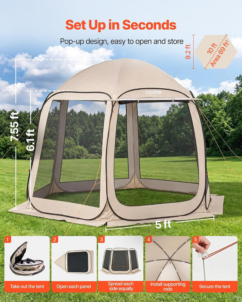 Pop Up Screen House Tent VEVOR 10 x 9.2 FT Pop-Up Screen Room with Awning, Po...