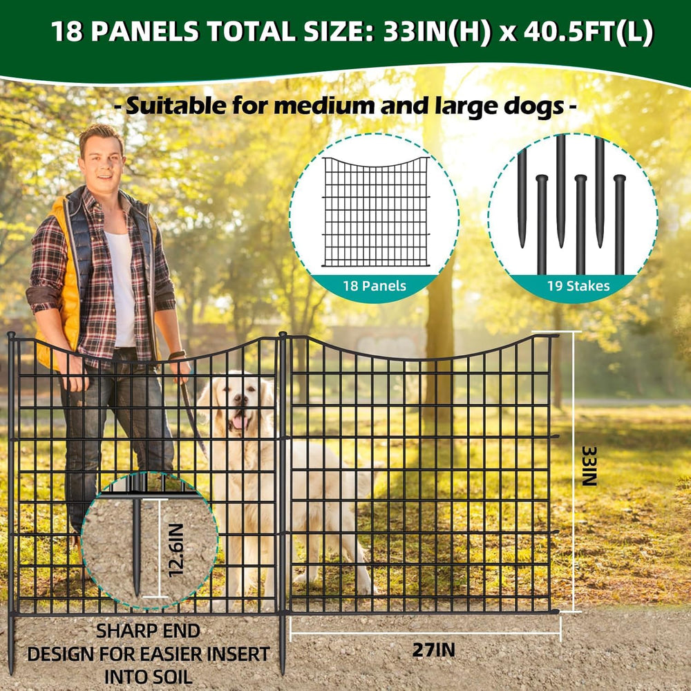 18 Panels No Dig Decorative Fence with Gate, 33 in(H) X 40.5 ft(L) Tall Garde...