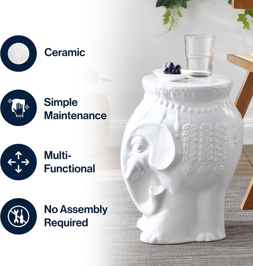 JONATHAN Y Orla Elephant Garden Stool 18.5" Ceramic Accent Table, White