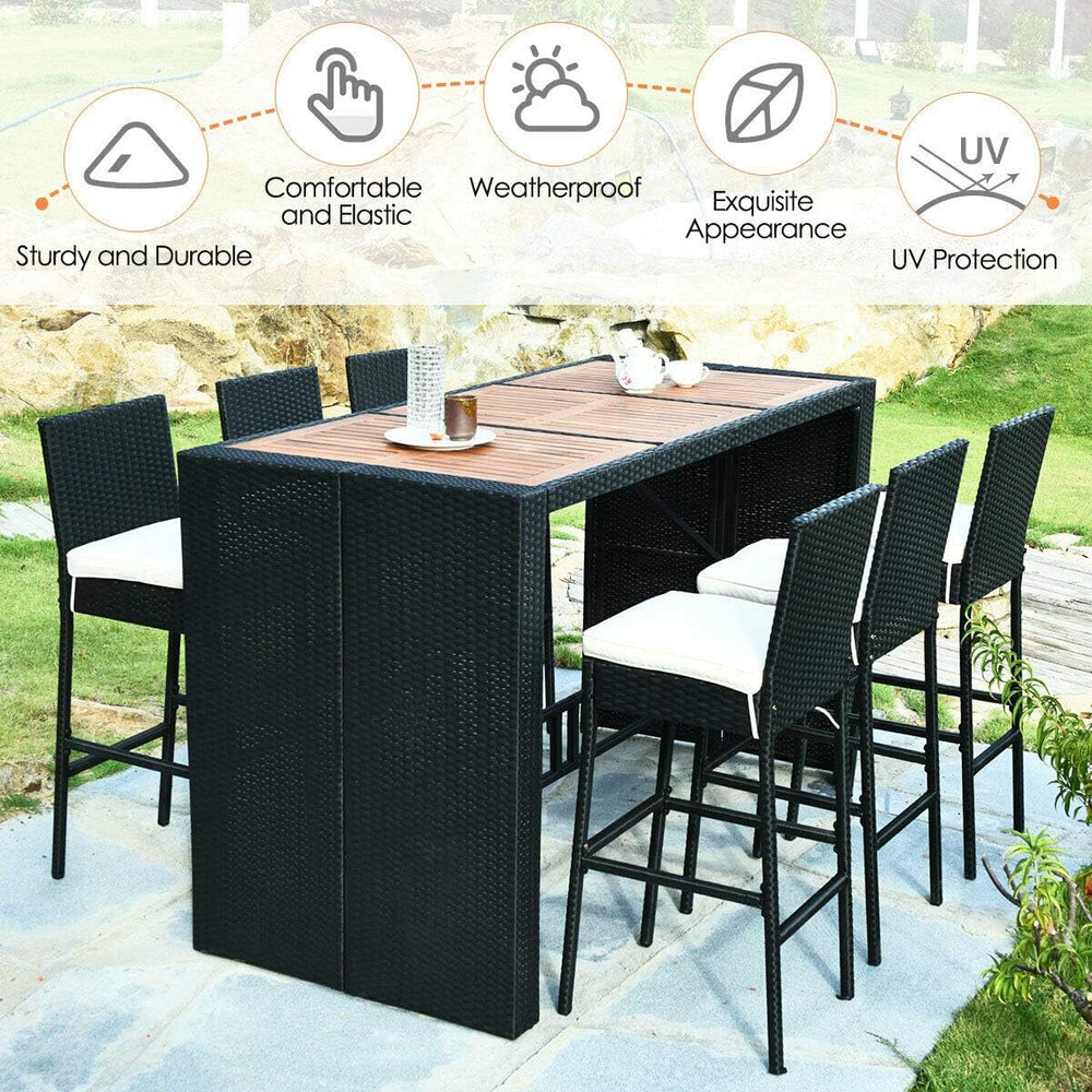 Tangkula 7 PCS Outdoor Wicker Furniture with Acacia Wood Bar Table Top and Re...