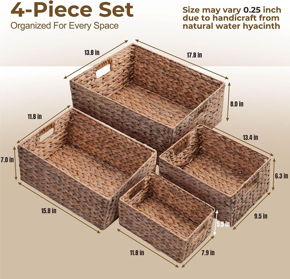 M4DECOR Set of 4 Water Hyacinth Storage Baskets for Shelves – Handwoven Wicke...