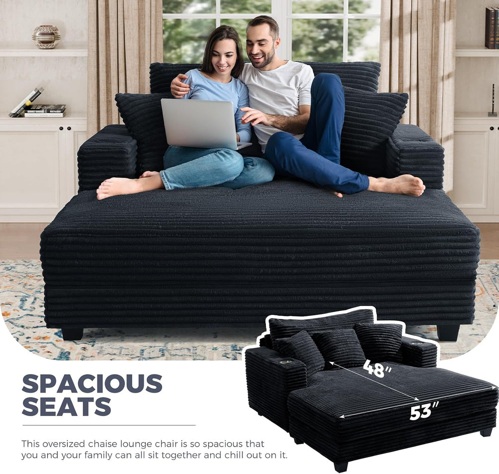 HUSFU 60" Chaise Lounge Chair Indoor, Wood Frame, Black