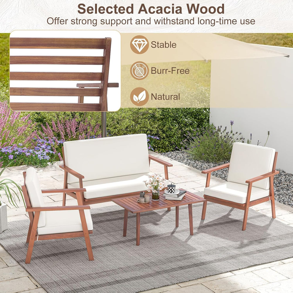 Tangkula 4 Piece Outdoor Conversation Set, Acacia Wood Sofa Set with Soft Sea...