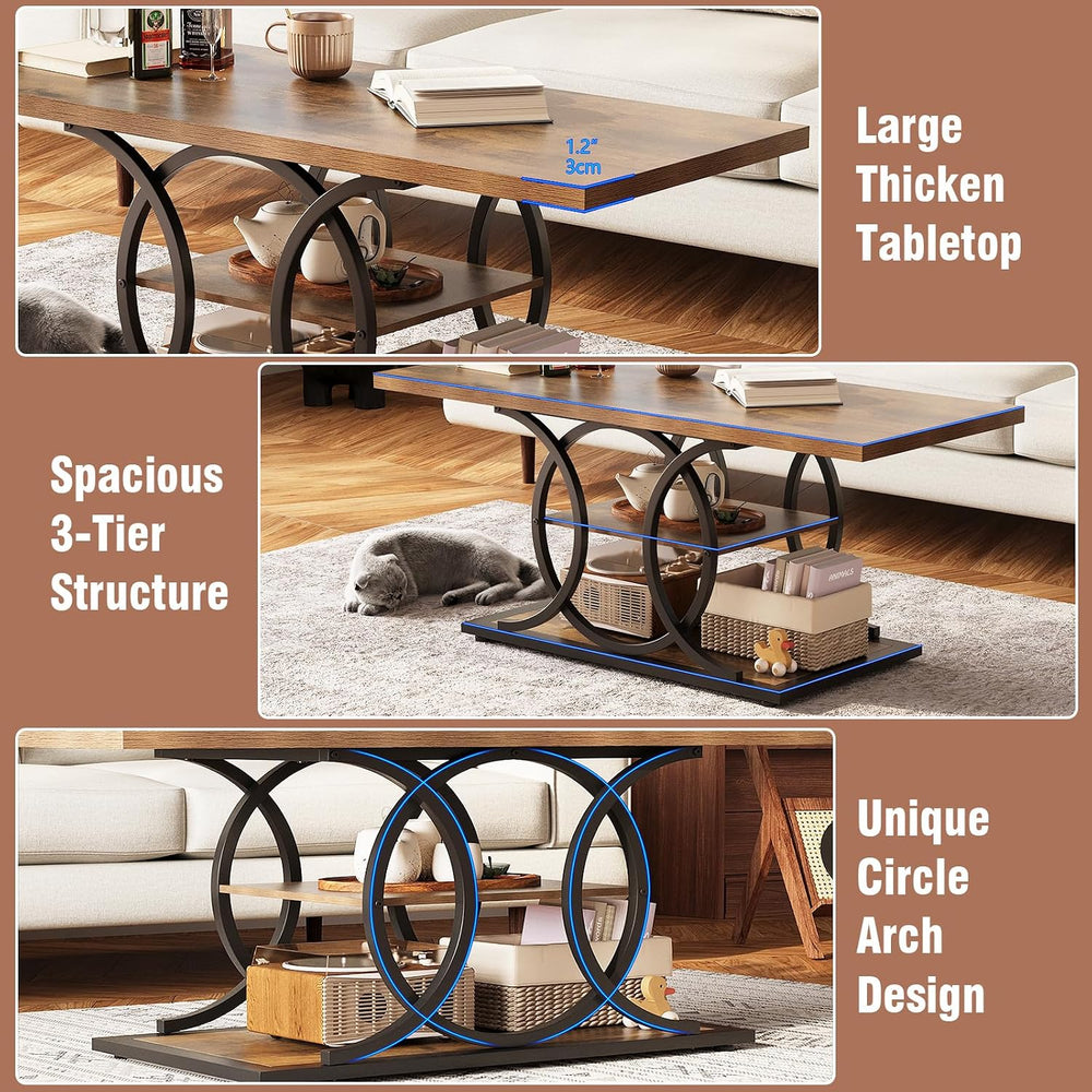 GiftGo Rustic Coffee Table with Storage Industrial 3 Tier Center Living Room ...