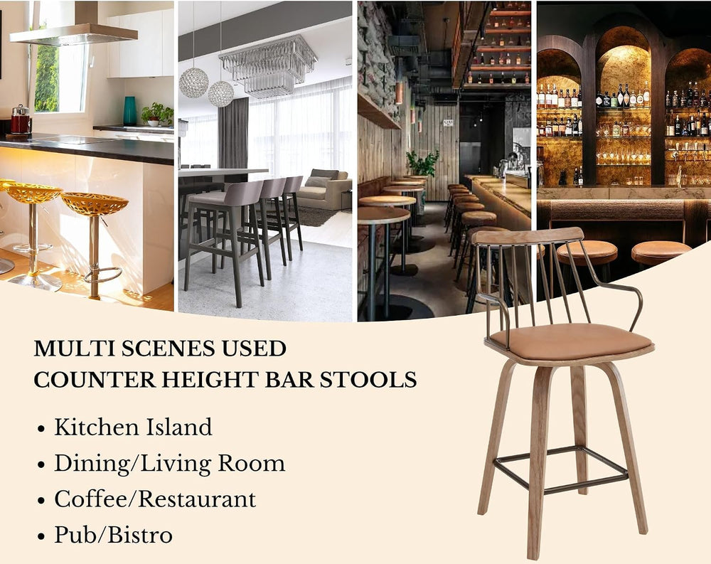 HNY Swivel Counter Height Bar Stools Set of 2, Brown Faux Leather Barstools