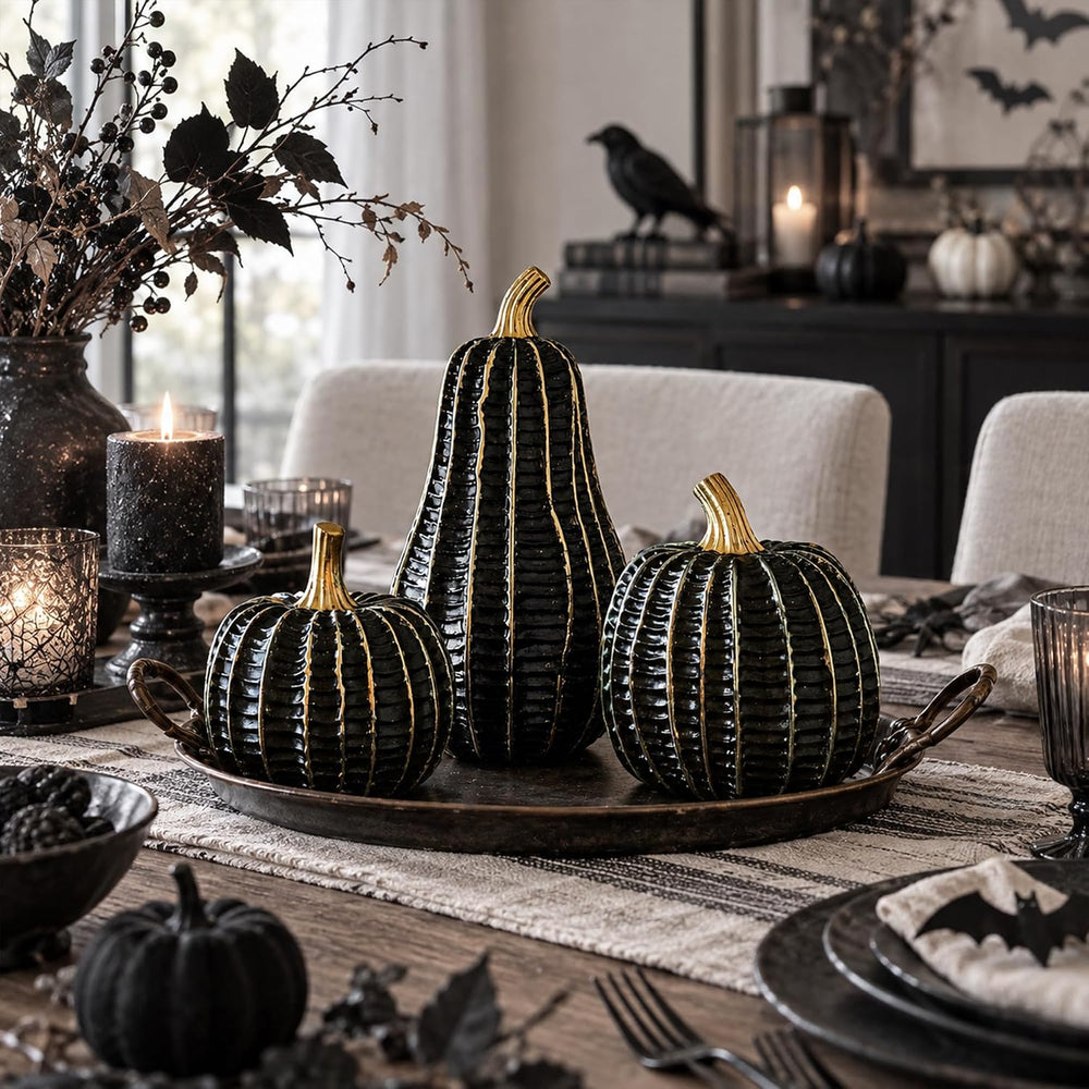 Parsin 3 Pcs Black & Gold Resin Pumpkin Decorations for Fall and Halloween