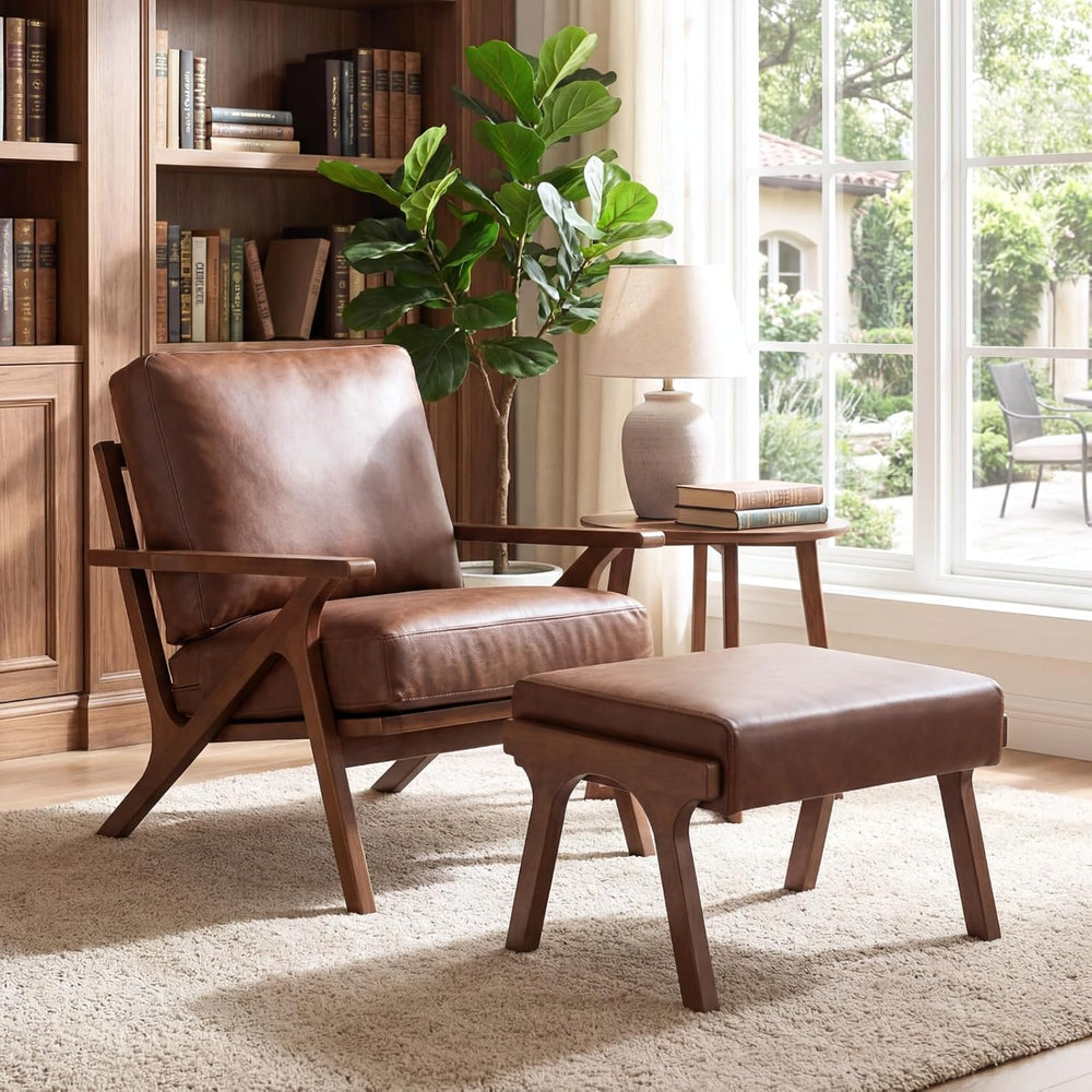 chairus Mid-Century Modern Brown Faux Leather Accent Chairs Set of 2, Comfy U...