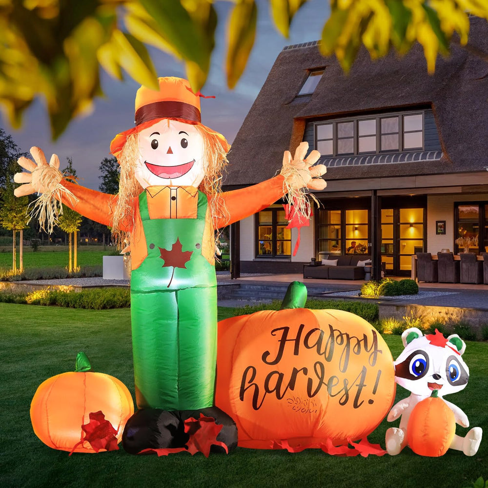 DomKom 6ft Tall LED Lighted Inflatable Scarecrow and Pumpkin โ Halloween Than...