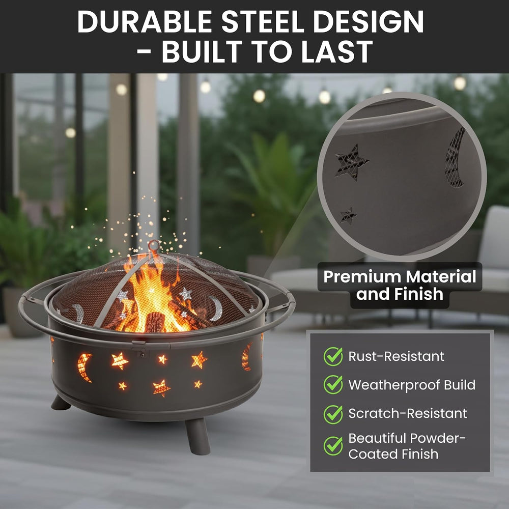Fire Pit - 32-Inch Outdoor Wood Burning Firepit with Screen, Poker, and Cover...