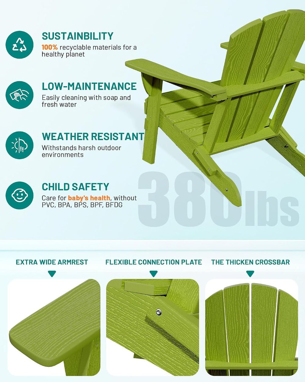 PLUUV Adirondack Chair Set of 6, Firepit Chair with Cup Holder, Light Green