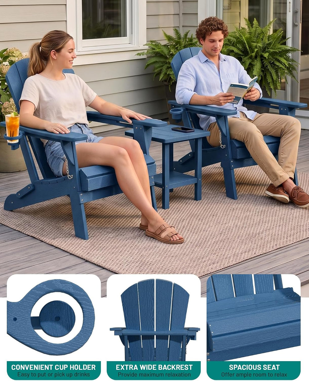 PLUUV Folding Adirondack Chair, HDPE Fire Pit Chairs with Cup Holder, Navy