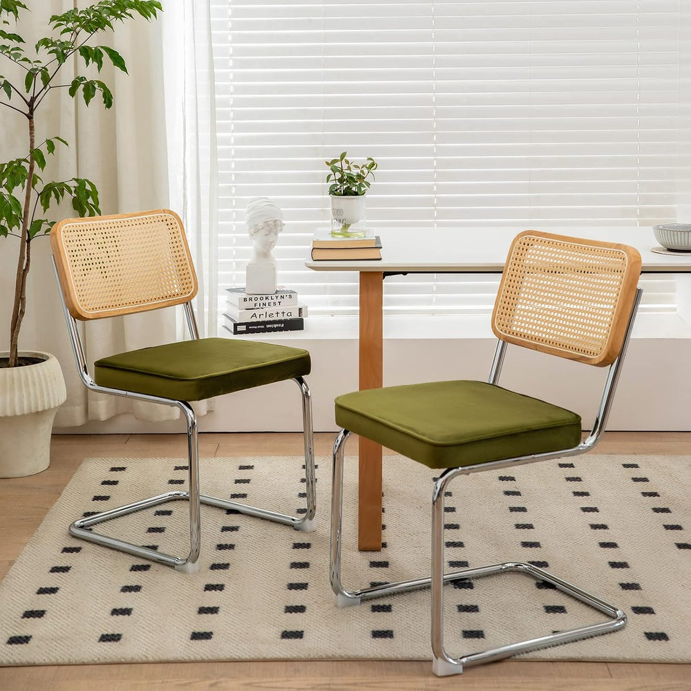 MFFM Rattan Dining Chairs Set of 2, Green Velvet Dining Room Chair with Solid...