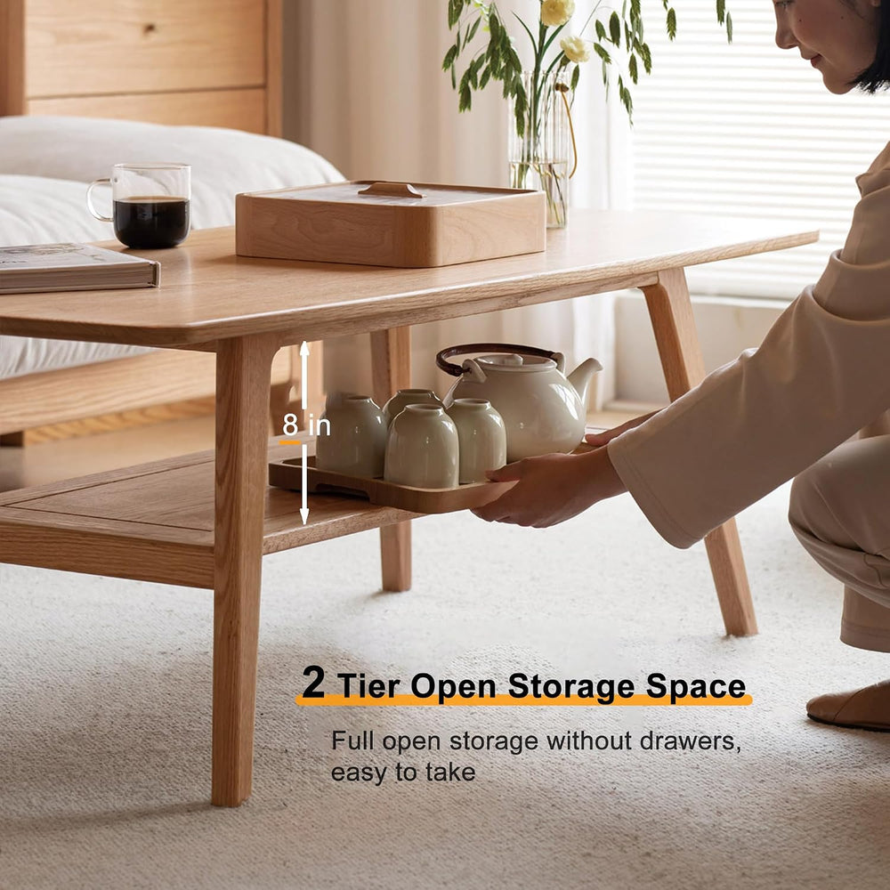 Modern Solid Oak Wood Coffee Table, 2-Tier Small Wooden Coffee Table with Sto...