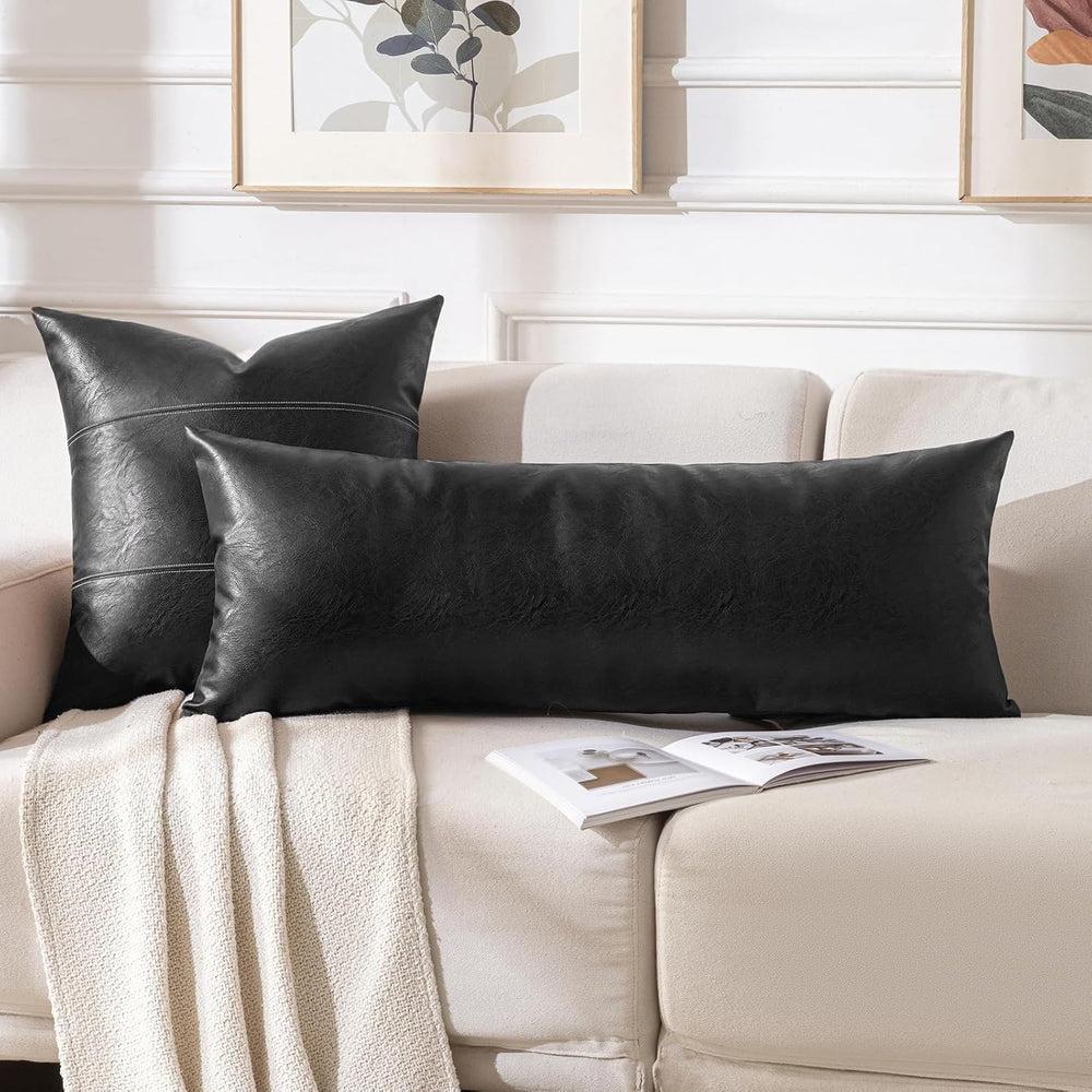 Fancy Homi Black Boho Long Lumbar Faux Leather Body Decorative Throw Pillow C...