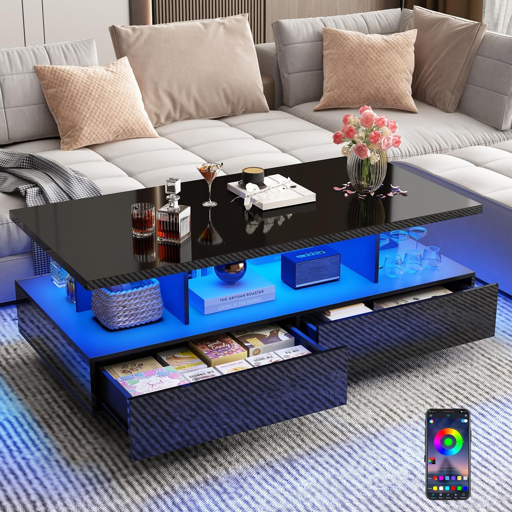 43in Large LED Coffee Table w/ 2 Big Storage Drawers,60,000-color Lights,App ...