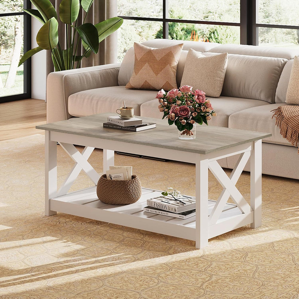 WLIVE Farmhouse Coffee Table for Living Room, 40.1" Rustic Center Table ...