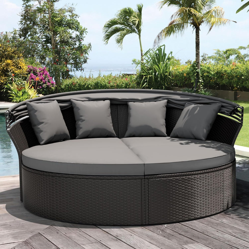 Patio Round Daybed with Canopy, Outdoor Wicker Rattan Sectional Sofa Set with...