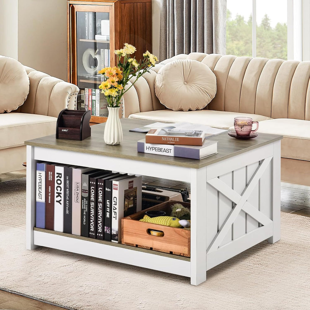 VEVOR 31.5" Farmhouse Coffee Table, Square Coffee Table with Open Storag...