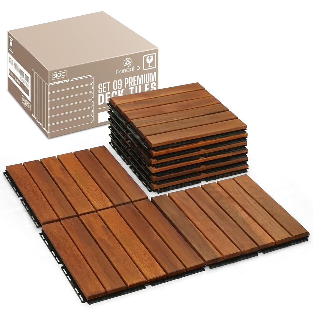 Acacia Wood Interlocking Deck Tiles, Waterproof Patio Tiles, 9 PCS- Natural