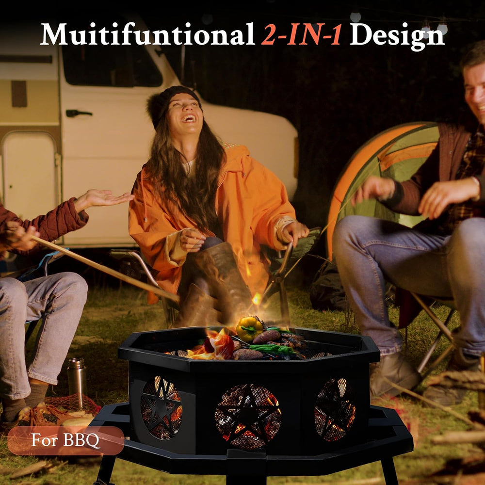 Verdelxue 35 Inch Octagonal Fire Pit with Cooking Grill Wood Burning Black