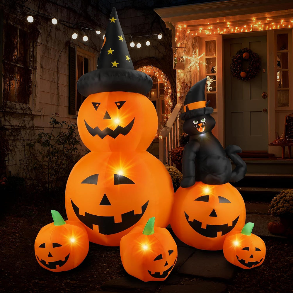 6Ft Halloween Inflatable Decorations Pumpkins Patch Lanterns with Black Cat w...