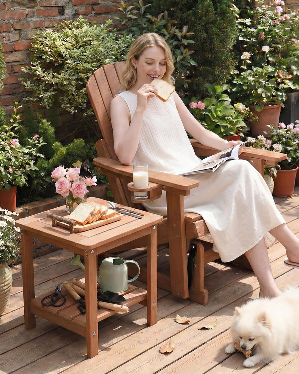 Outdoor Side Table, 2-Tier HDPE Small Patio Table, Teak