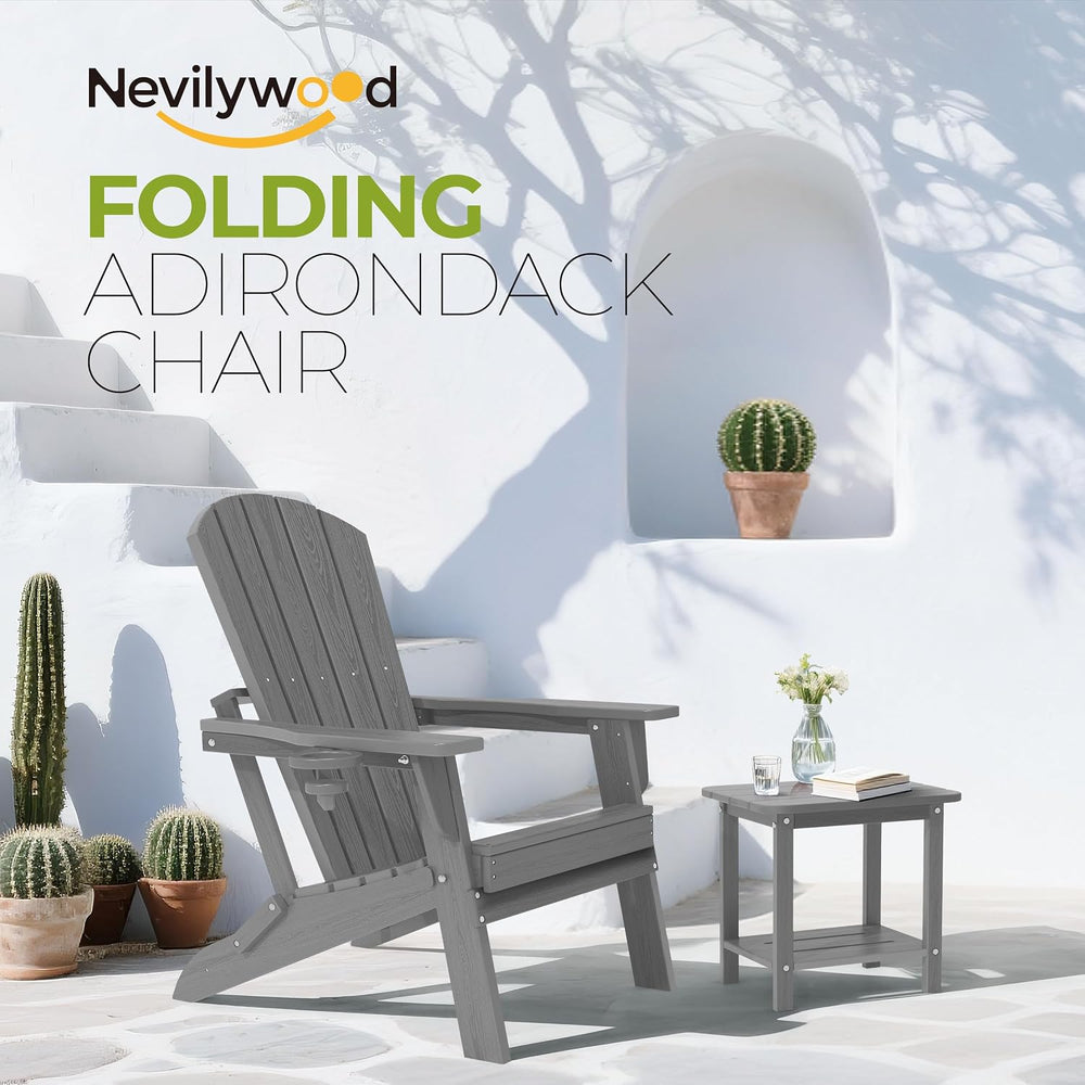 nevilywood Folding Adirondack Chairs Set of 2, HDPE Cup Holders, Grey