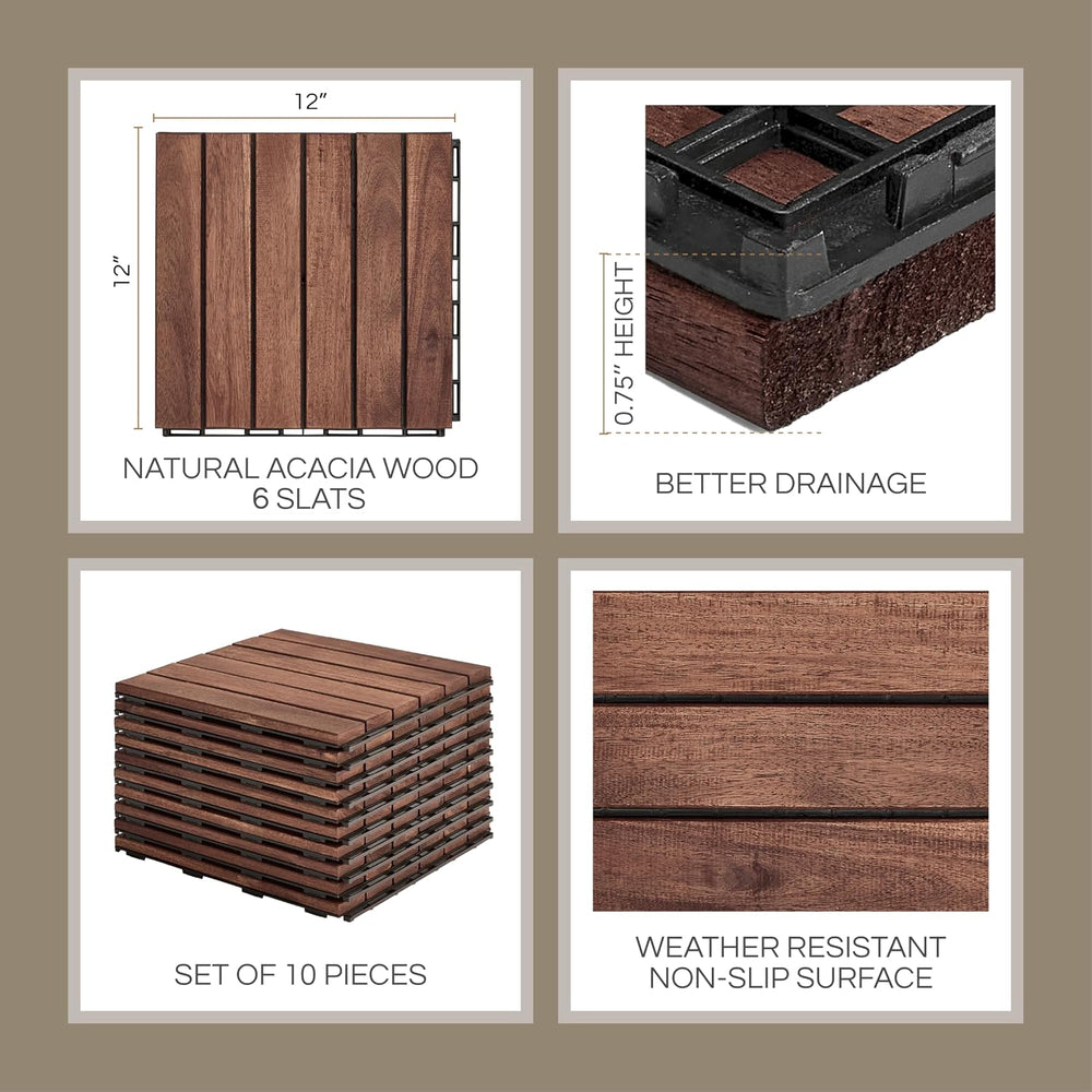 THYOI Premium Deck Tiles, 10 Pcs Patio Flooring - Brown - Striped Pattern