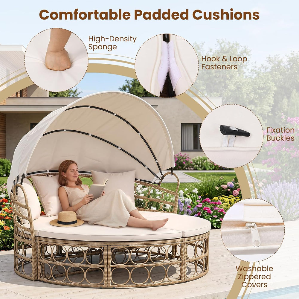 Tangkula Round Outdoor Patio Daybed with Retractable Canopy & Cushions