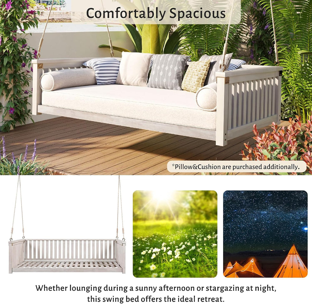 LUMISOL Outdoor Porch Swing Bed, Twin Size Acacia Wood Swing Bed Frame with R...