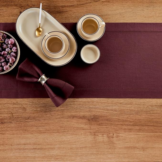 Solino Home Linen Burgundy Table Runner 72 Inches Long - 100% Pure Linen Hems...