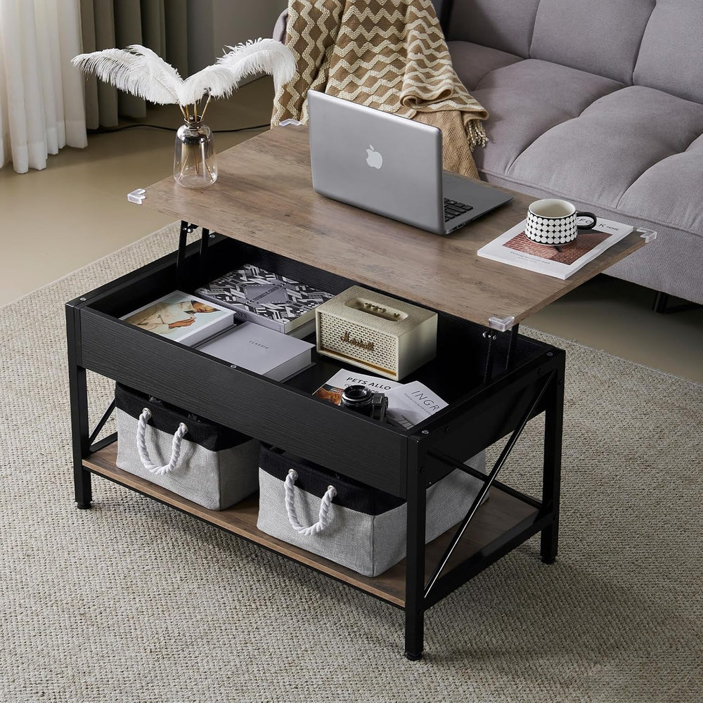 VINGLI 36" Lift Top Coffee Table with Free Cloth Storage Bins, Rustic Fr...