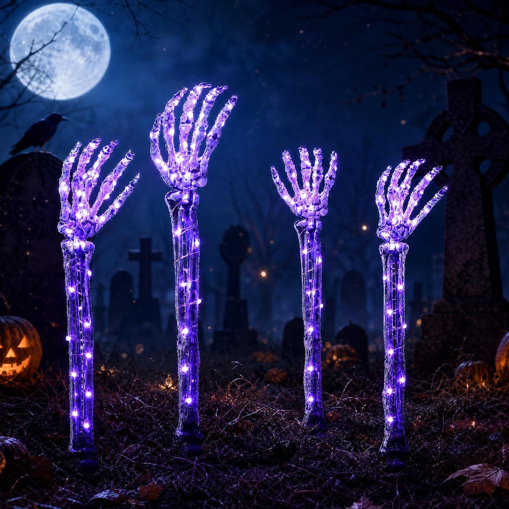Halloween Skeleton Arm Stakes 4‑Pack, 160 Purple LED Battery‑Powered Lights