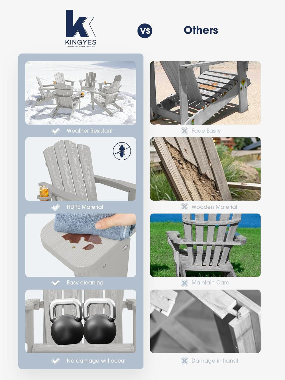 KINGYES Folding Adirondack Chair with Cup Holder, Silver Grey