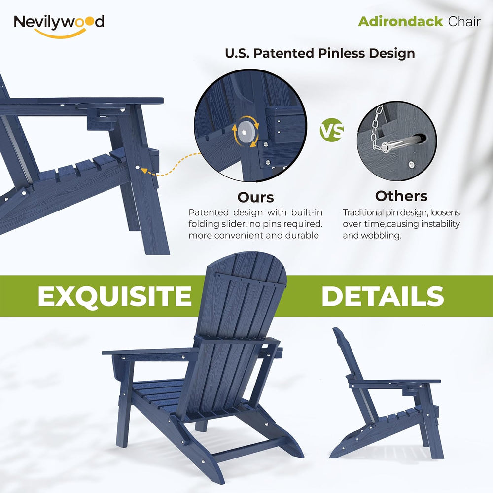 nevilywood Adirondack Chair Set of 2, HDPE Folding Outdoor Chair, Navy