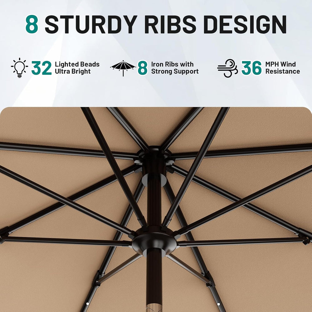 AreShark 9FT Patio Umbrella with Solar Lights, 32 Lighted Pool Umbrella w/Til...