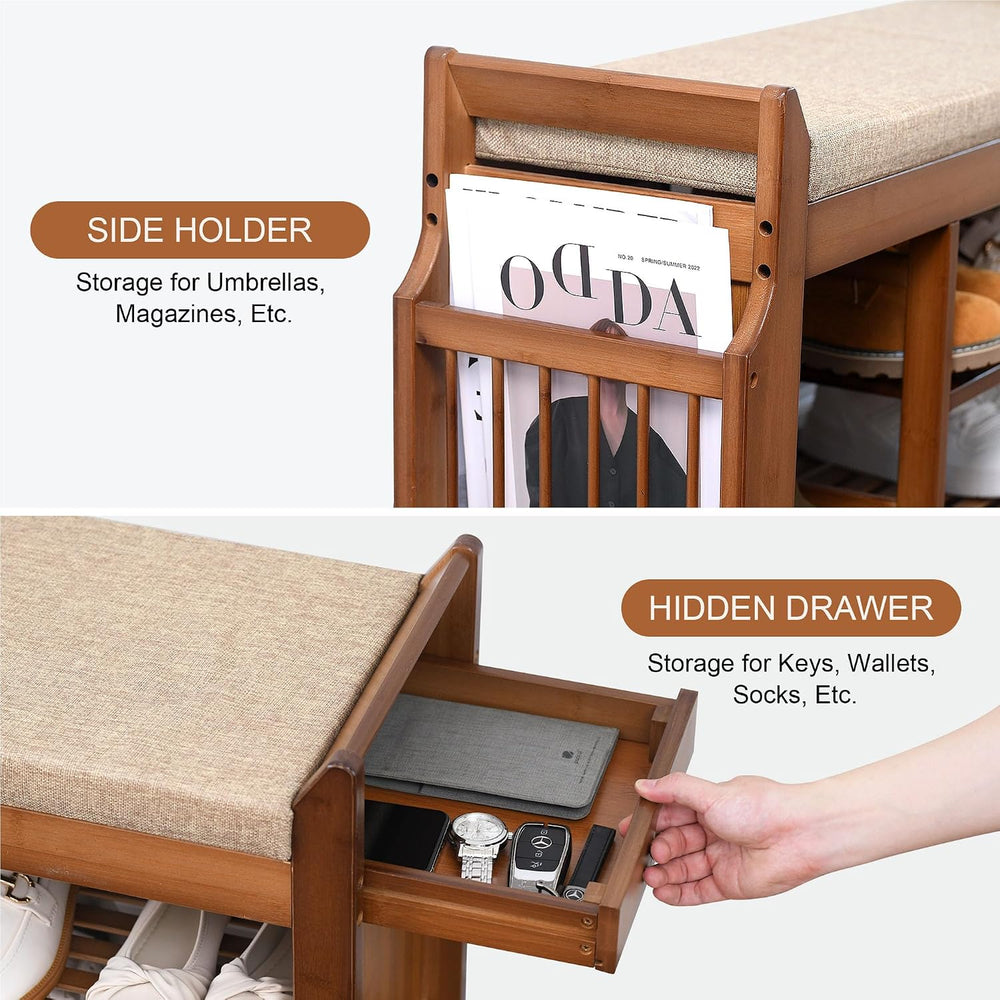 PETKABOO 39.4" Shoe Bench with Coat Rack Hidden Drawer and Side Holder, ...