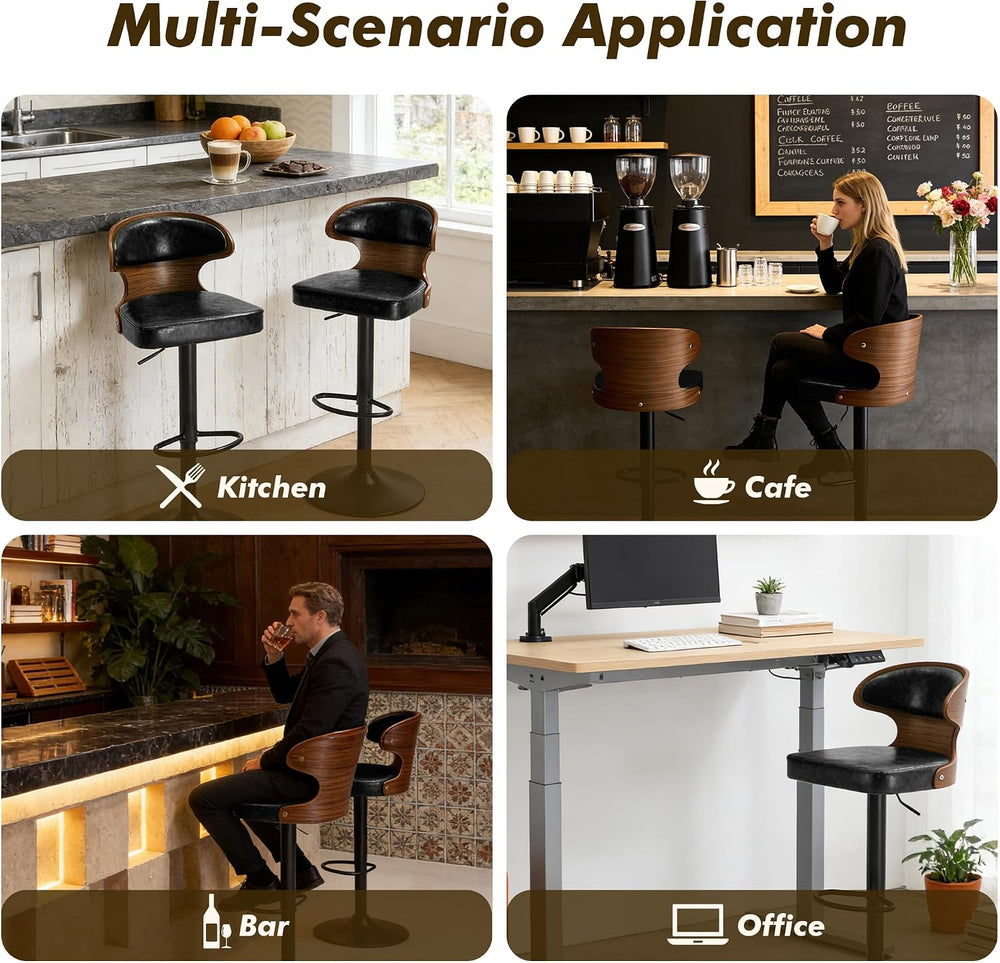 Bar Stool, 360° Swivel Barstools with Solid Wood Back and Footrest, Leather A...