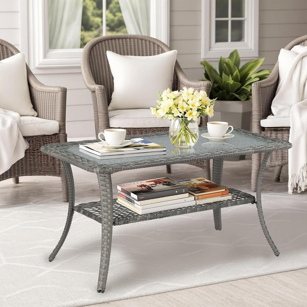 VINGLI Outdoor Coffee Table with Storage Wicker Patio Coffee Table, Tempered ...
