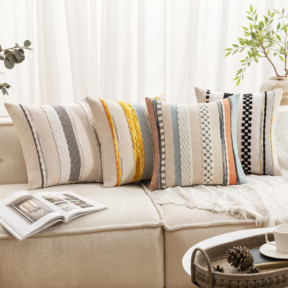 ANRODUO Boho Decorative Pillow Covers 18x18 Inch Black Stripe Pack of 2