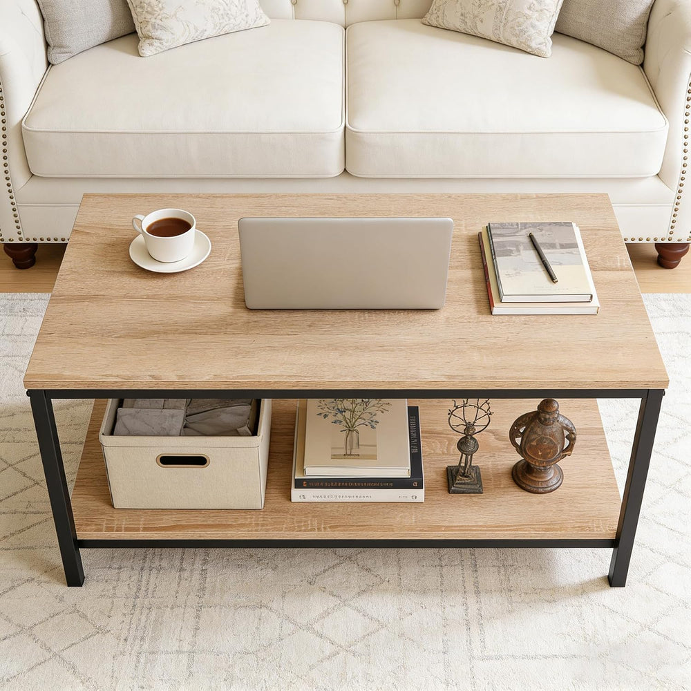 SUPER DEAL 2-Tier Industrial Coffee Table with Storage Shelf for Small Apartm...